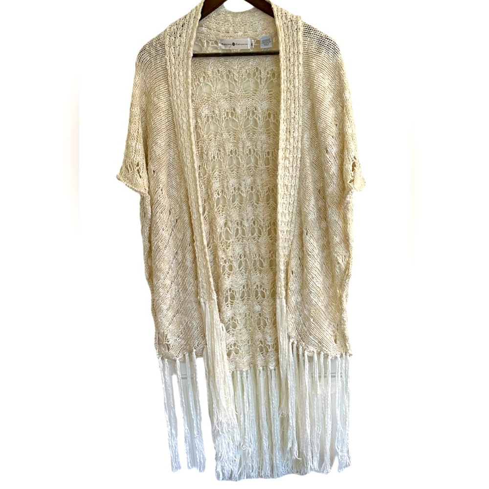 Rancho Estancia cream crocheted open front cardigan fringe women M/L